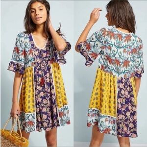 Anthropologie Lika Yellow Boho Floral Tunic Dress sz XS